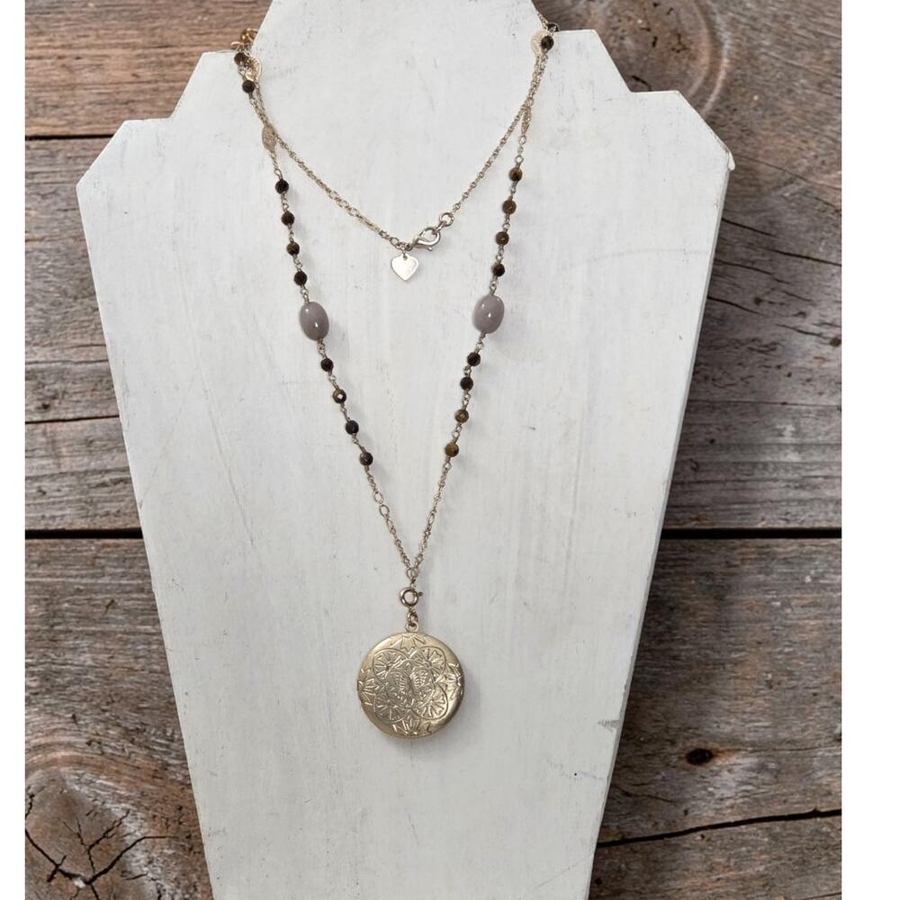 Gold Metal, Tiger Eye Brown Bead  Locket Ornate Long Necklace